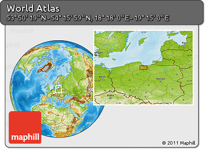 Physical Location Map of the Area around 54° 3' 9" N, 18° 46' 29" E