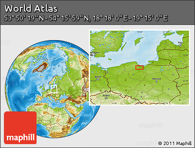 Physical Location Map of the Area around 54° 3' 9" N, 18° 46' 29" E
