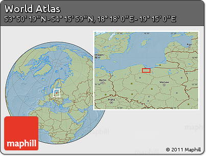 Savanna Style Location Map of the Area around 54° 3' 9" N, 18° 46' 29" E, hill shading