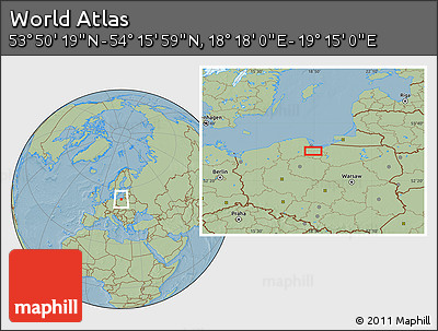 Savanna Style Location Map of the Area around 54° 3' 9" N, 18° 46' 29" E, hill shading