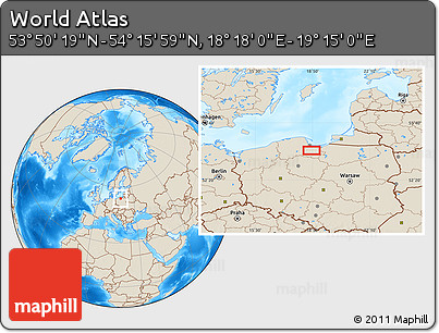 Shaded Relief Location Map of the Area around 54° 3' 9" N, 18° 46' 29" E
