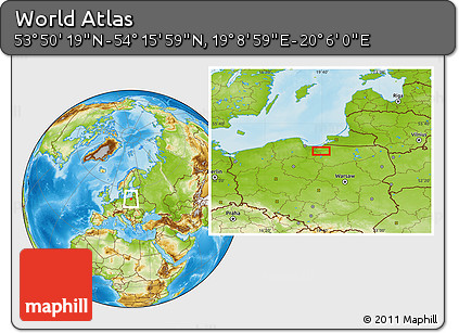 Physical Location Map of the Area around 54° 3' 9" N, 19° 37' 30" E