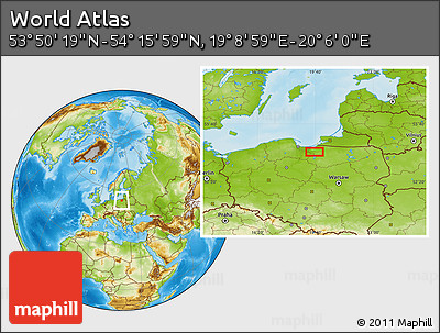 Physical Location Map of the Area around 54° 3' 9" N, 19° 37' 30" E