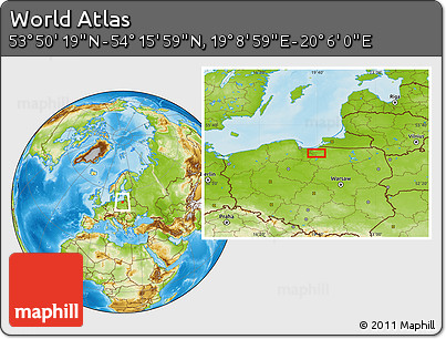 Physical Location Map of the Area around 54° 3' 9" N, 19° 37' 30" E