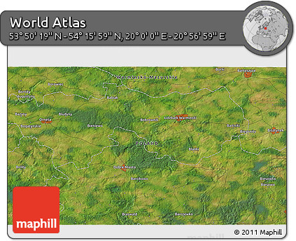 Satellite 3D Map of the Area around 54° 3' 9" N, 20° 28' 30" E