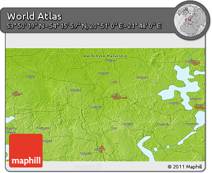 Physical 3D Map of the Area around 54° 3' 9" N, 21° 19' 30" E