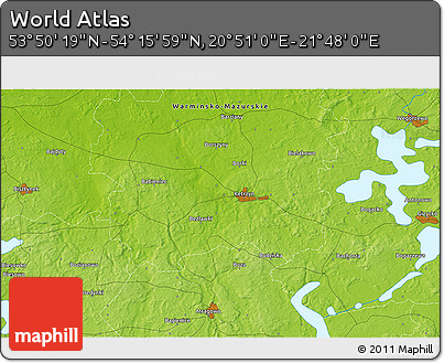 Physical 3D Map of the Area around 54° 3' 9" N, 21° 19' 30" E