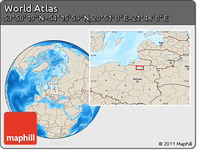Shaded Relief Location Map of the Area around 54° 3' 9" N, 21° 19' 30" E