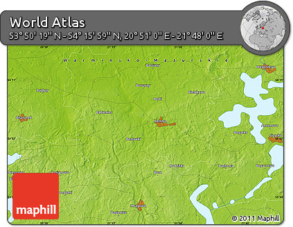 Physical Map of the Area around 54° 3' 9" N, 21° 19' 30" E