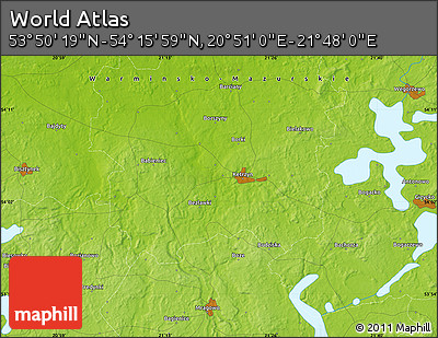 Physical Map of the Area around 54° 3' 9" N, 21° 19' 30" E