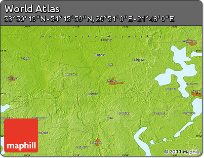 Physical Map of the Area around 54° 3' 9" N, 21° 19' 30" E