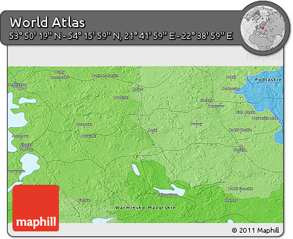 Political 3D Map of the Area around 54° 3' 9" N, 22° 10' 29" E