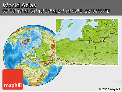 Physical Location Map of the Area around 54° 3' 9" N, 22° 10' 29" E