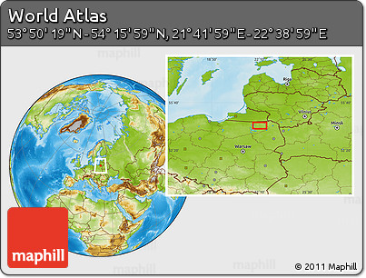 Physical Location Map of the Area around 54° 3' 9" N, 22° 10' 29" E