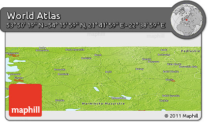 Physical Panoramic Map of the Area around 54° 3' 9" N, 22° 10' 29" E