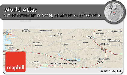 Shaded Relief Panoramic Map of the Area around 54° 3' 9" N, 22° 10' 29" E