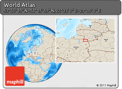 Shaded Relief Location Map of the Area around 54° 3' 9" N, 23° 1' 29" E