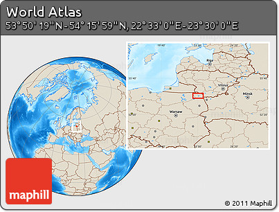 Shaded Relief Location Map of the Area around 54° 3' 9" N, 23° 1' 29" E