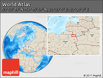 Shaded Relief Location Map of the Area around 54° 3' 9" N, 23° 1' 29" E