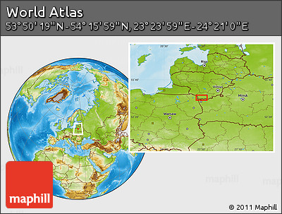 Physical Location Map of the Area around 54° 3' 9" N, 23° 52' 30" E
