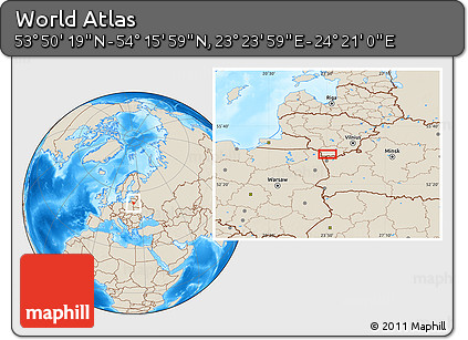 Shaded Relief Location Map of the Area around 54° 3' 9" N, 23° 52' 30" E