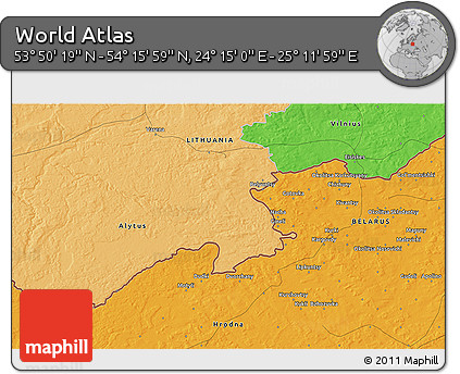 Political 3D Map of the Area around 54° 3' 9" N, 24° 43' 30" E
