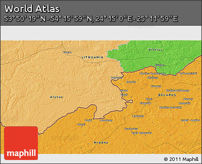 Political 3D Map of the Area around 54° 3' 9" N, 24° 43' 30" E