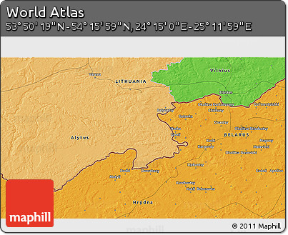Political 3D Map of the Area around 54° 3' 9" N, 24° 43' 30" E