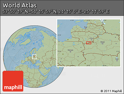 Savanna Style Location Map of the Area around 54° 3' 9" N, 24° 43' 30" E, hill shading