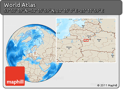 Shaded Relief Location Map of the Area around 54° 3' 9" N, 24° 43' 30" E
