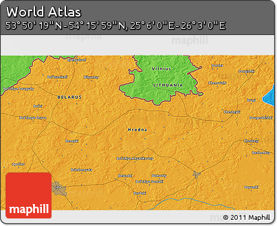 Political 3D Map of the Area around 54° 3' 9" N, 25° 34' 30" E