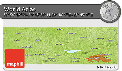 Physical Panoramic Map of the Area around 54° 3' 9" N, 27° 16' 29" E