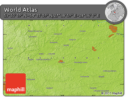 Physical Map of the Area around 54° 3' 9" N, 28° 7' 30" E