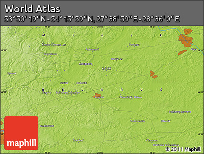 Physical Map of the Area around 54° 3' 9" N, 28° 7' 30" E