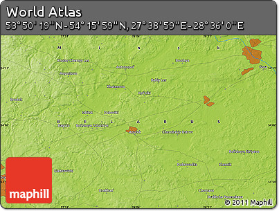 Physical Map of the Area around 54° 3' 9" N, 28° 7' 30" E