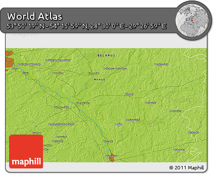 Physical 3D Map of the Area around 54° 3' 9" N, 28° 58' 30" E