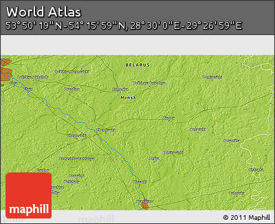 Physical 3D Map of the Area around 54° 3' 9" N, 28° 58' 30" E