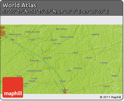 Physical 3D Map of the Area around 54° 3' 9" N, 28° 58' 30" E