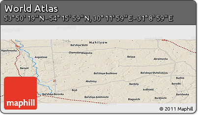 Shaded Relief Panoramic Map of the Area around 54° 3' 9" N, 30° 40' 29" E