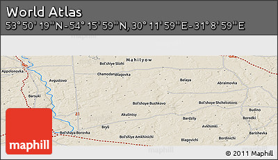 Shaded Relief Panoramic Map of the Area around 54° 3' 9" N, 30° 40' 29" E
