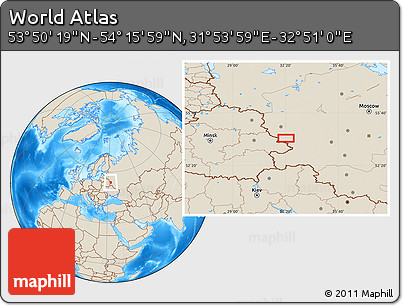 Shaded Relief Location Map of the Area around 54° 3' 9" N, 32° 22' 30" E