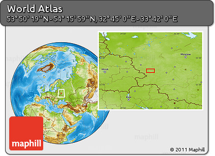 Physical Location Map of the Area around 54° 3' 9" N, 33° 13' 30" E