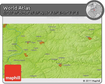Physical 3D Map of the Area around 54° 3' 9" N, 36° 37' 30" E