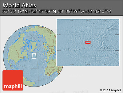 Savanna Style Location Map of the Area around 54° 3' 9" N, 38° 10' 29" W, hill shading