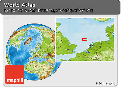 Physical Location Map of the Area around 54° 3' 9" N, 3° 28' 30" E