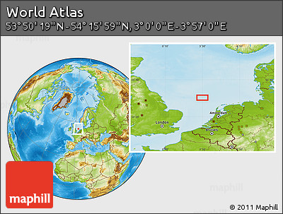 Physical Location Map of the Area around 54° 3' 9" N, 3° 28' 30" E