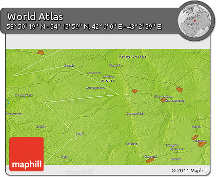 Physical 3D Map of the Area around 54° 3' 9" N, 42° 34' 30" E