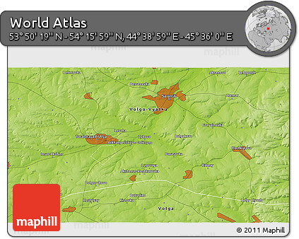 Physical 3D Map of the Area around 54° 3' 9" N, 45° 7' 30" E