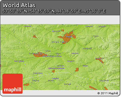 Physical 3D Map of the Area around 54° 3' 9" N, 45° 7' 30" E