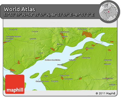 Physical 3D Map of the Area around 54° 3' 9" N, 49° 22' 30" E